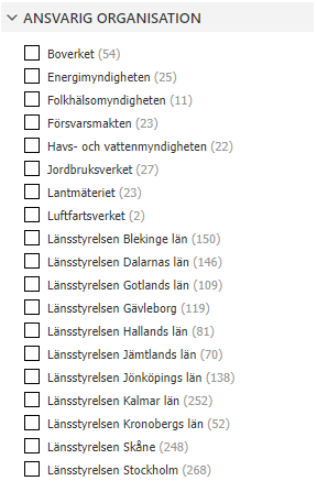 Olika ansvariga organisationer med klickbara rutor framför varje kategori