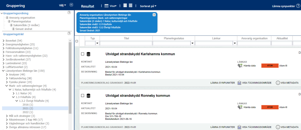 Ett exempel på hur grupperingsträdet kan se ut för en sökning i Planeringskatalogen