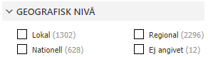 Olika geografiska nivåer med klickbara rutor framför varje kategori