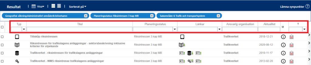 Bild där kolumnhuvudena i resultatfönstret är markerade.