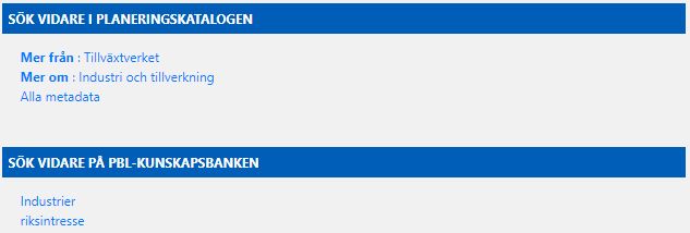 Skärmklipp från Sök vidare-delen på metadatasidan för planeringsunderlaget Riksintressen industriell produktion