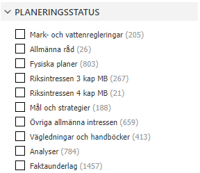 Olika planeringsstatus med klickbara rutor framför varje kategori