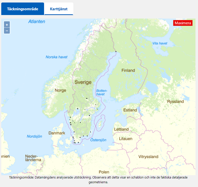 Karta över Sverige som visar områden med betydande översvämningsrisk från MSB.